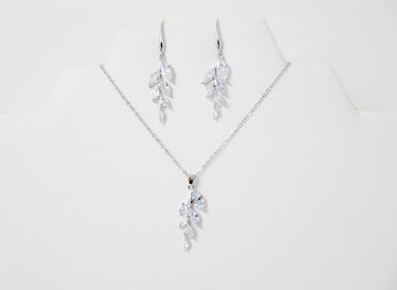 Cubic Zirconia Diamond/ Crystal Leaves, Long Bridal Jewelry, Bridal Earrings And Necklace, Crystal Bridal Earrings, Statement Earrings Cz